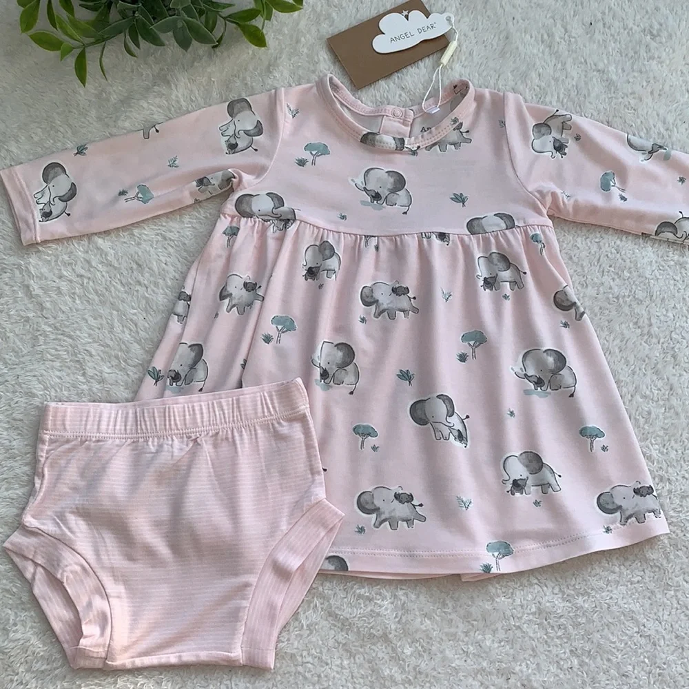 NWT Angel Dear Pink Dress and Bloomers GRAY ELEPHANTS 3-6M Bamboo
